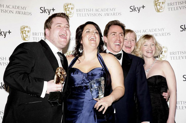 James Corden, Ruth Jones, Rob Brydon, Chris Gernon and Joanna Page with the Programme of The Year award received for Gavin And Stacey 