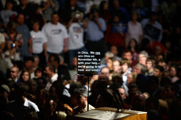 A teleprompter shows portions of a speech before Republican presidential nominee John McCain speaks on stage at a rally 