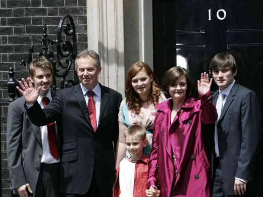 Mr Blair accompanied by his wife Cherie and their children, Euan, left, Kathryn, centre, Leo, centre front, and Nicky, right
