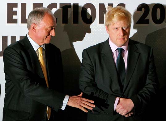 Ken Livingstone tries to shake Boris Johnson's hand