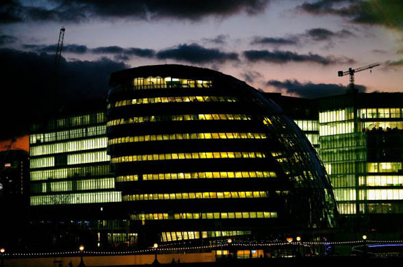 The London Assembly building at sunset