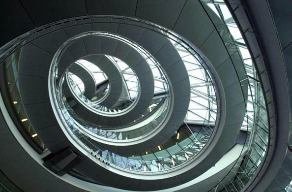 Construction work nears completion on the spiral staircase of the GLA headquarters