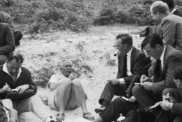 1965, Samson, Scilly Isles: Prime minister Harold Wilson is interviewed by journalists during a holiday picnic