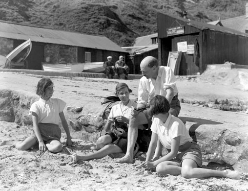 1938, Nevin, UK: Labour Party leader Clement Attlee on holiday with his wife Violet and their daughters, Janet and Felicity