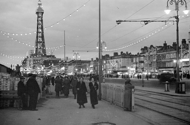 Blackpool, late evening, trams, tower, festive lights