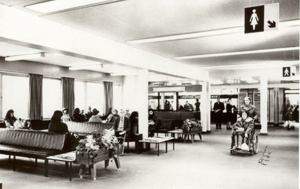 Reception hall of Addenbrooke NHS Trust Hospital in 1978