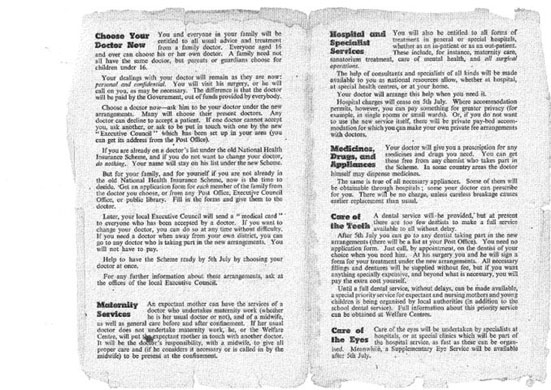 Pages from the first leaflet introducing the NHS to British Public