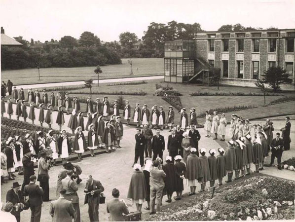 Nurses welcome Ny Bevan and officials on the first day of NHS service in Park Hospital near Trafford 