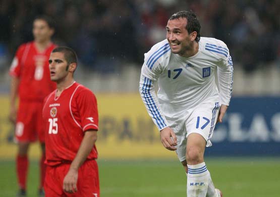 Greece's Fanis Gekas celebrates his goal against Malta 