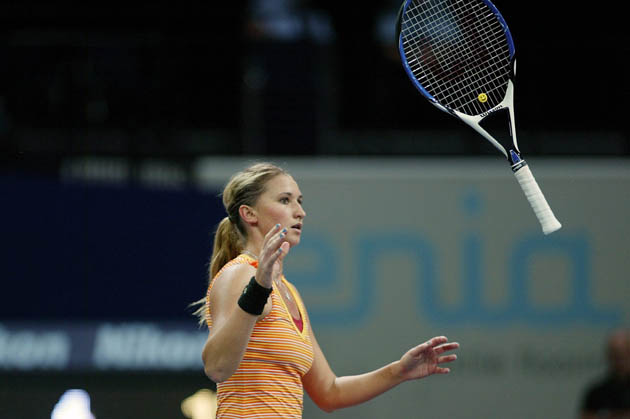 Tatjana Golovin throws her racket