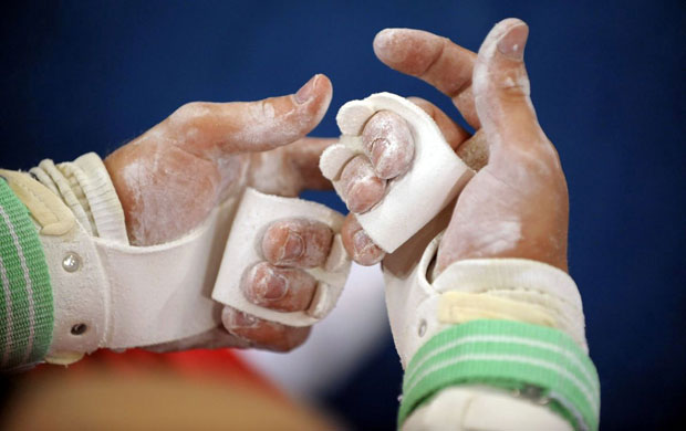 The hands of German athlete Fabian Hambuechen during a practice session