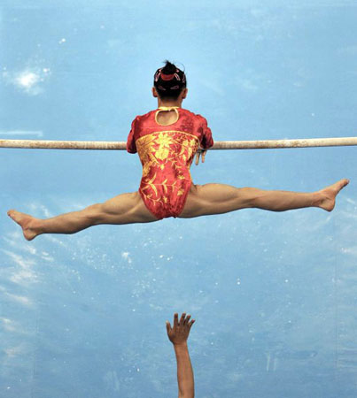 A Chinese gymnast during a practice session for the artistic gymnastics event