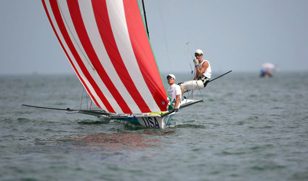 US 49ER class competitors Tim Wadlow and Chris Rast practice at the Quingdao Olympic Sailing Centre in Quingdao