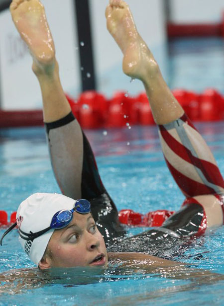 US swimmer Elizabeth Beisel looks at the screen after winning the women's 400m individual medley swimming