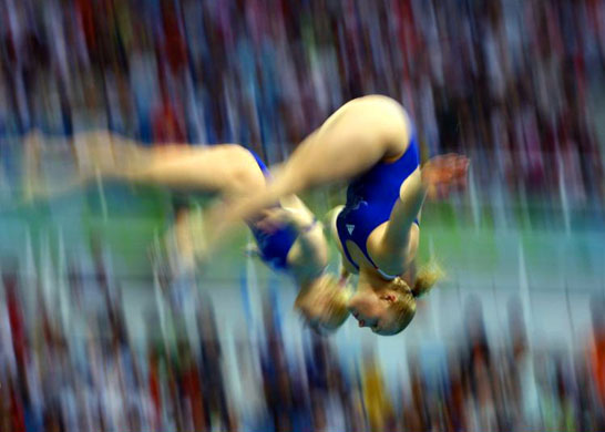 Tandi Gerrard and Hayley Sage of team GB take part in the Women's Synchronized 3m Springboard final