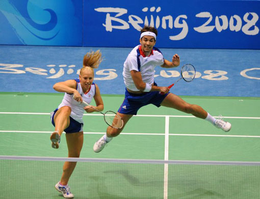 Great Britain's Gail Emms and Nathan Robertson on their way to victory in their first round Mixed Doubles match against China's Gao Ling and Zheng Bo 