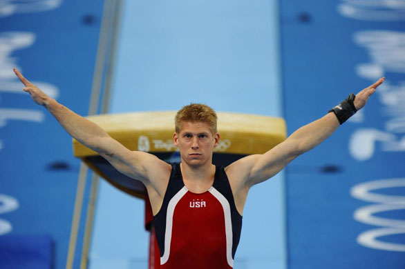 Jonathan Horton of USA after his vault during the mens team final  in the beijing olympics