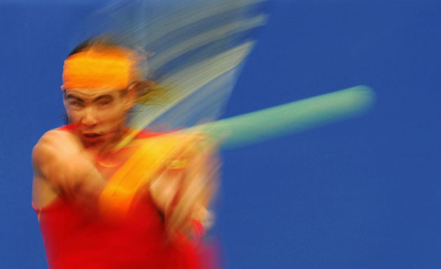 Rafael Nadal of Spain plays against Fernando Gonzalez of Chile in their men's singles gold medal final tennis match