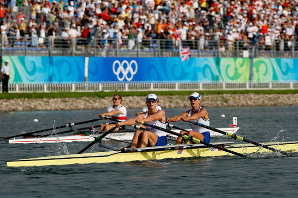 Bronze medalists Elise Laverick and Anna Bebington of Great Britain compete during the Women's Double Sculls Final 