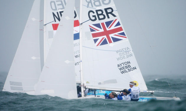 Pippa Wilson, Sarah Webb and Sarah Ayton of Great Britain compete on their way to overall victory in the Yngling class event