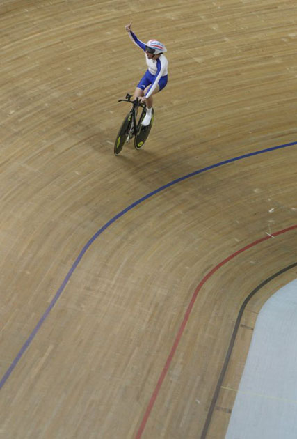 Track cyclist Rebecca Romero of Great Britain celebrates after winning the gold medal