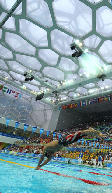 US swimmer Michael Phelps competes during the men's 4 x 100m medley relay swimming final