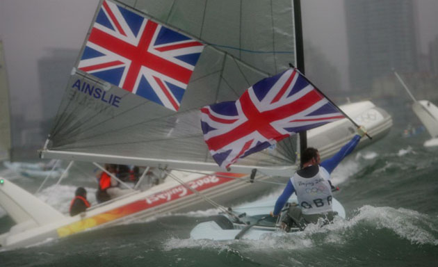 British Finn sailor Ben Ainslie celebrates after he won the gold medal