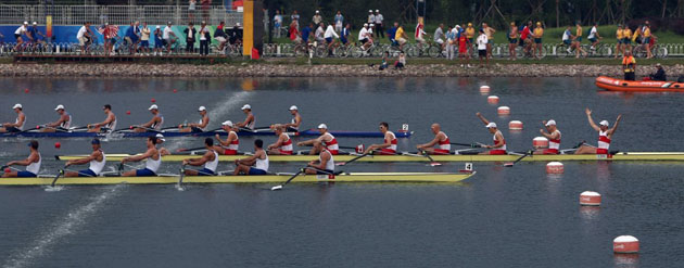 Canada's team celebrate after finishing the men's eight