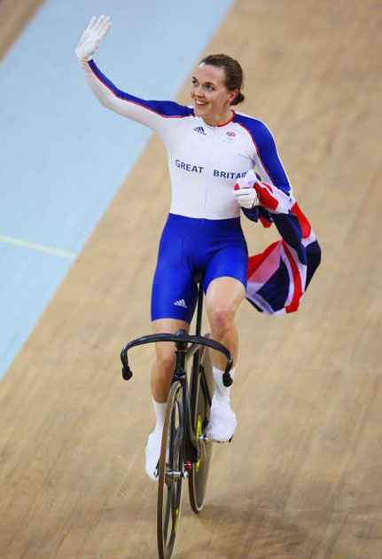 Victoria Pendleton of Great Britain celebrates winning the  gold medal after the Women's Sprint Final 