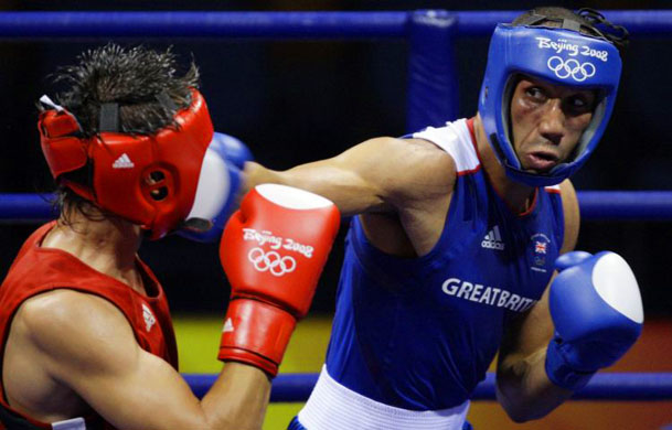 James DeGale on his way to beating Bakhtiyar Artayev of Kazakhstan in the men's light middleweight  quarter final 