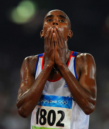 Mo Farah after finishing in the Mens 5000 metres heats