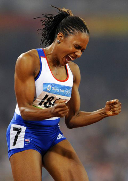 Tasha Danvers celebrates winning the bronze in the women's 400 metre hurdles final