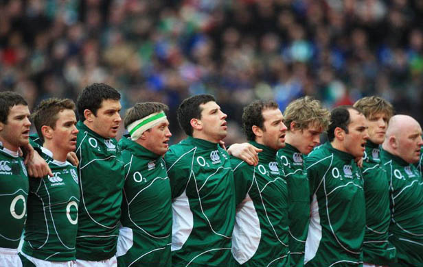 Players sing the national anthem during the RBS Six Nations Championship match between Ireland and Italy at Croke Park