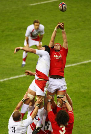 Steve Borthwick of England and Alun Wyn Jones of Wales compete for lineout ball
