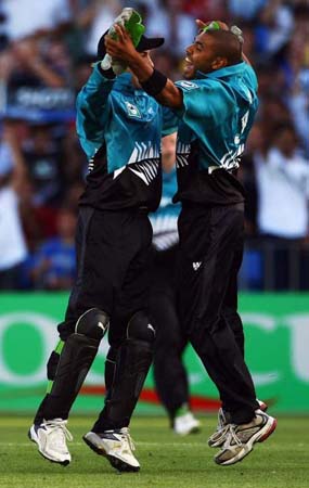 New Zealand's Jeetan Patel celebrates a wicket during the Twenty20 cricket match