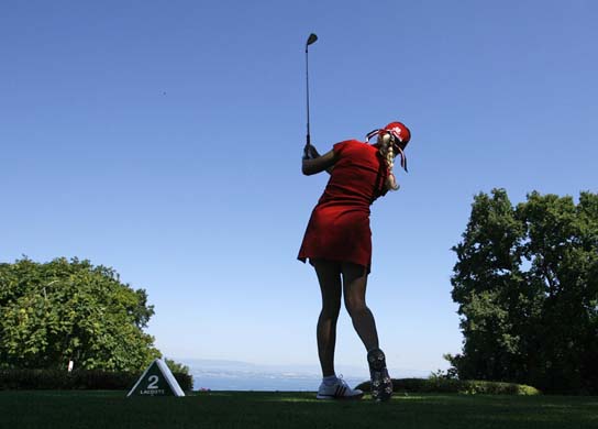 Natalie Gulbie tees off during the Women's Golf Masters