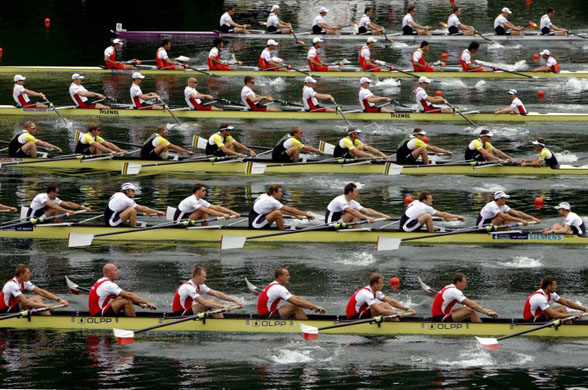 The teams of Poland, Great Britain, Australia, Canada, China and Germany compete in the Men's Eight Final during the Rowing World Cup   