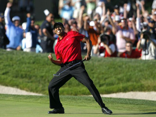 Tiger Woods celebrates after making a birdie  at US Open 
