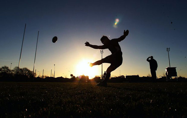 Daniel Carter practices his kicking during a New Zealand All Blacks training session in Christchurch 