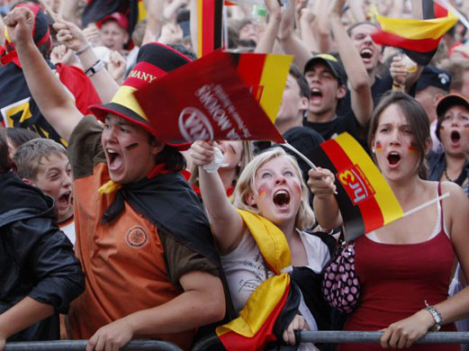 German fans celebrate scoring in Basel