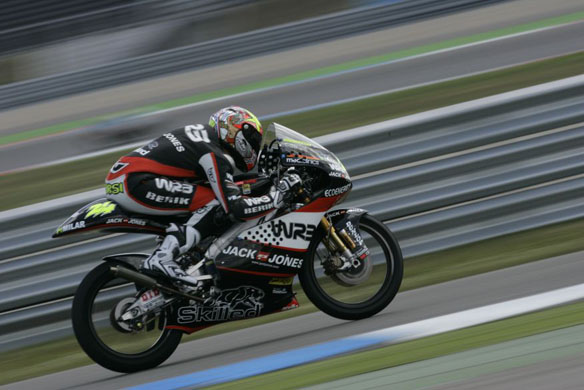 Simone Corsi of Italy steers his Aprilia in Assen 
