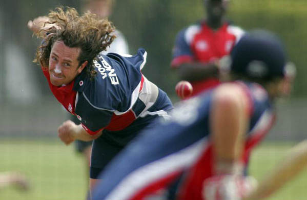 England's Ryan Sidebottom bowls in the nets
