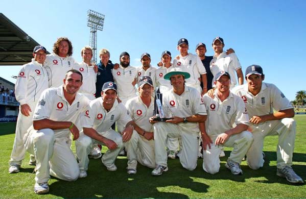 Test Series, March 26 2008, Napier, New Zealand: the England team celebrate 