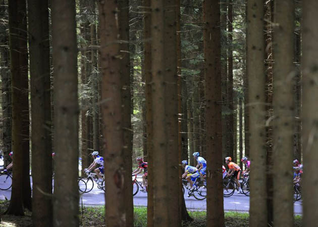 The pack of cyclists vie during the 94th edition of the Liege-Bastogne-Liege cycling race