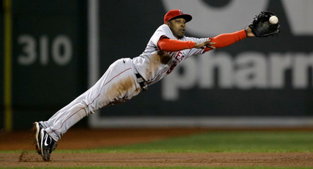 Chone Figgins of the Los Angeles Angels misses a single against Boston Red Sox 