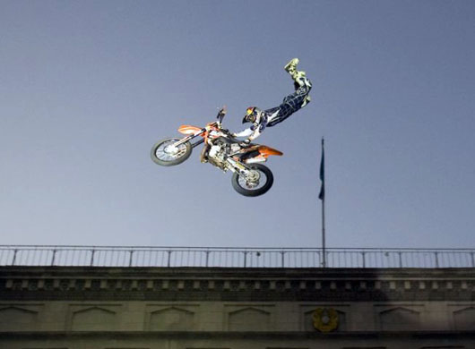 August 31 2008: Daniel Bodin of Sweden performs during the freestyle motocross show 'Red Bull X Fighters' in Almaty