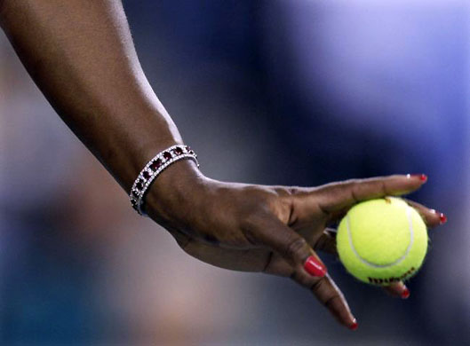September 3 2008: Serena Williams prepares to serve to Venus Williams during their quarterfinal match at the US Open tennis tournament in New York