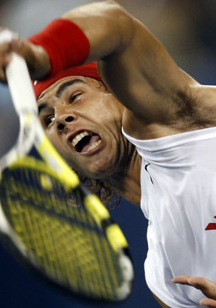 September 3 2008: Rafael Nadal serves to Mardy Fish during their match at the US Open tennis tournament