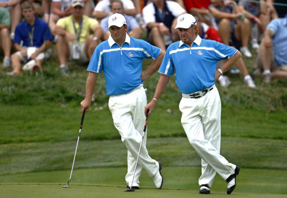 European golfers Graeme McDowell  and Miguel Angel Jimenez in the Ryder Cup at Valhalla, Kentucky, USA