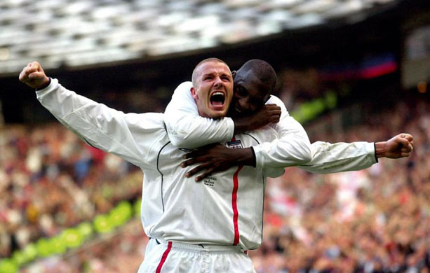 David Beckham scores the vital equaliser against Greece to ensure world cup qualifiaction in 2001